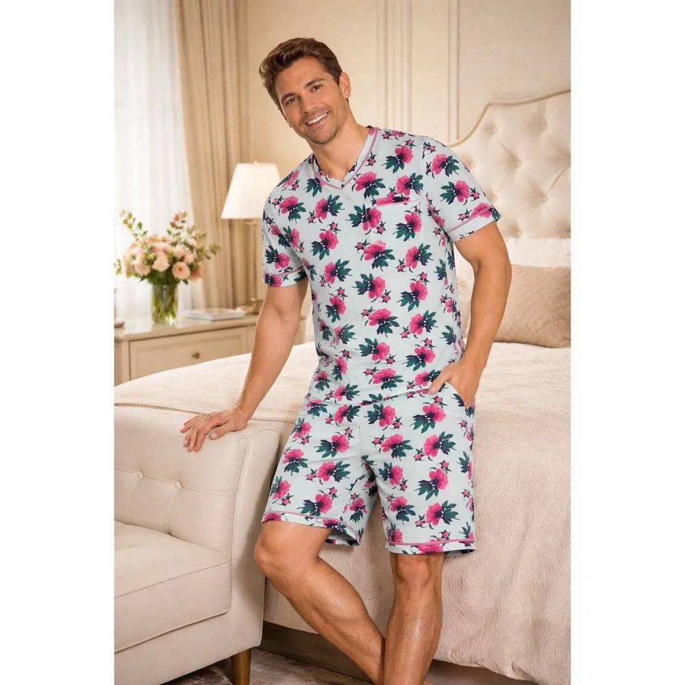 Cosabella Men's Pima Cotton Modal‎ Printed Pajama Set V-Neck Short Sleeve,Shorts